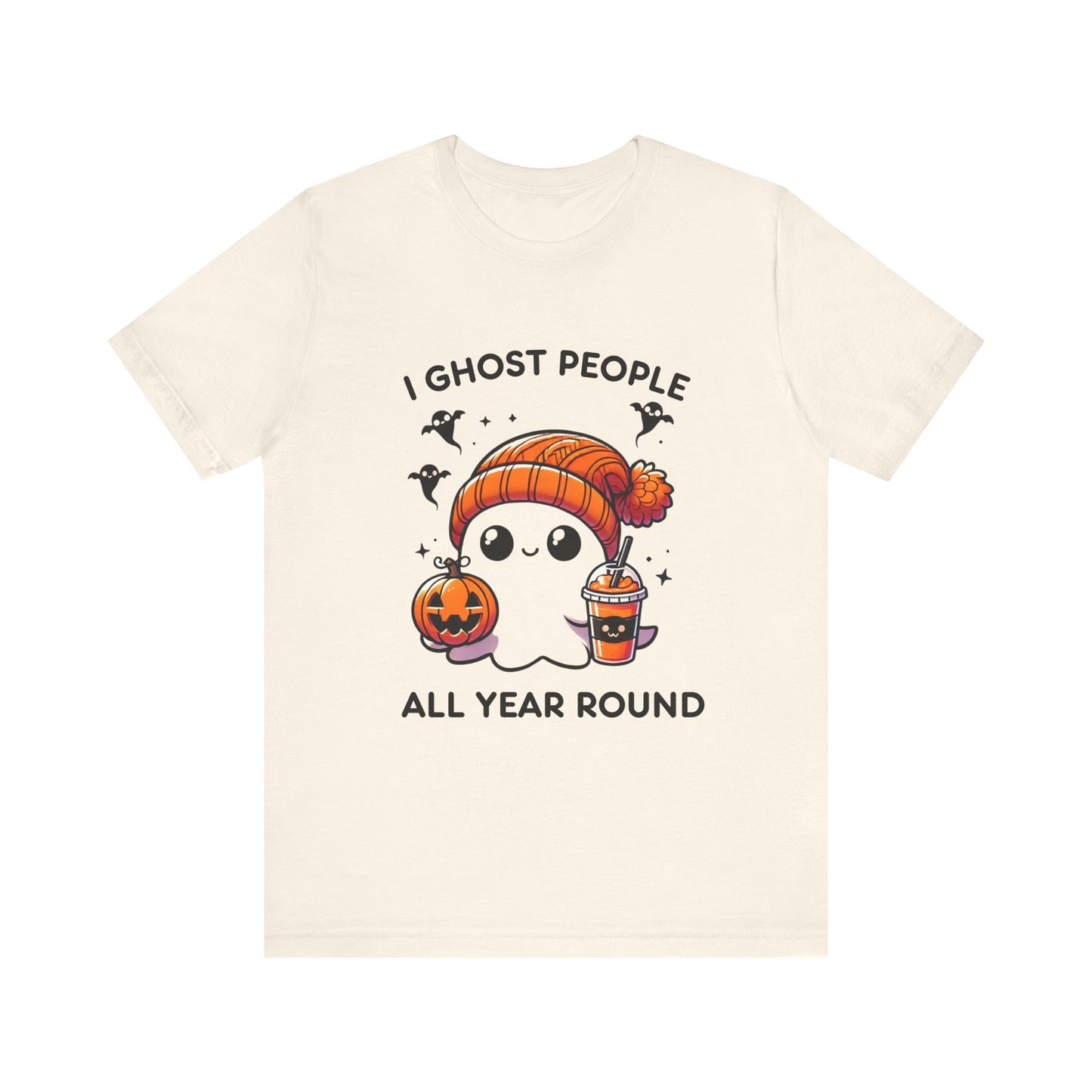 Cute Halloween Ghost T-Shirt with Orange Beanie and Pumpkin - Adorable Cartoon Design