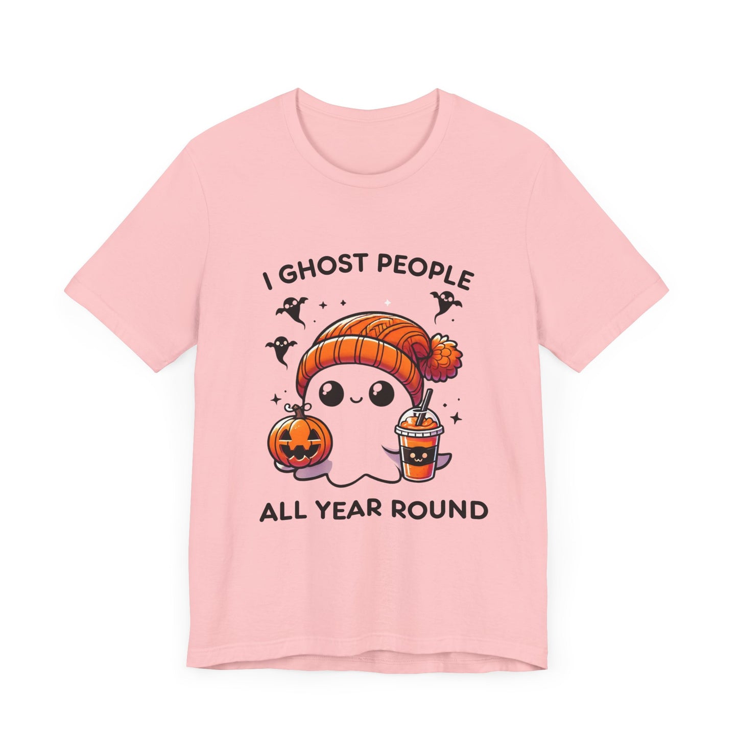 Cute Halloween Ghost T-Shirt with Orange Beanie and Pumpkin - Adorable Cartoon Design