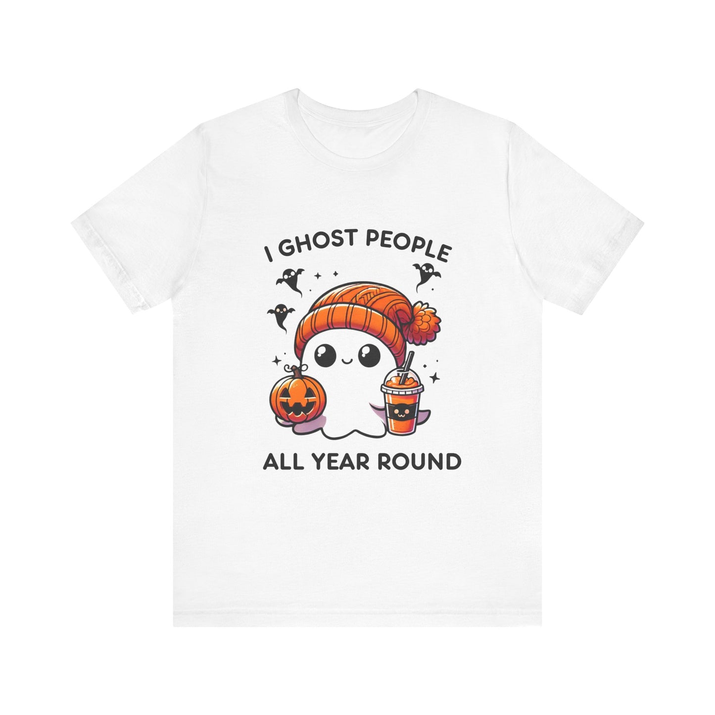 Cute Halloween Ghost T-Shirt with Orange Beanie and Pumpkin - Adorable Cartoon Design