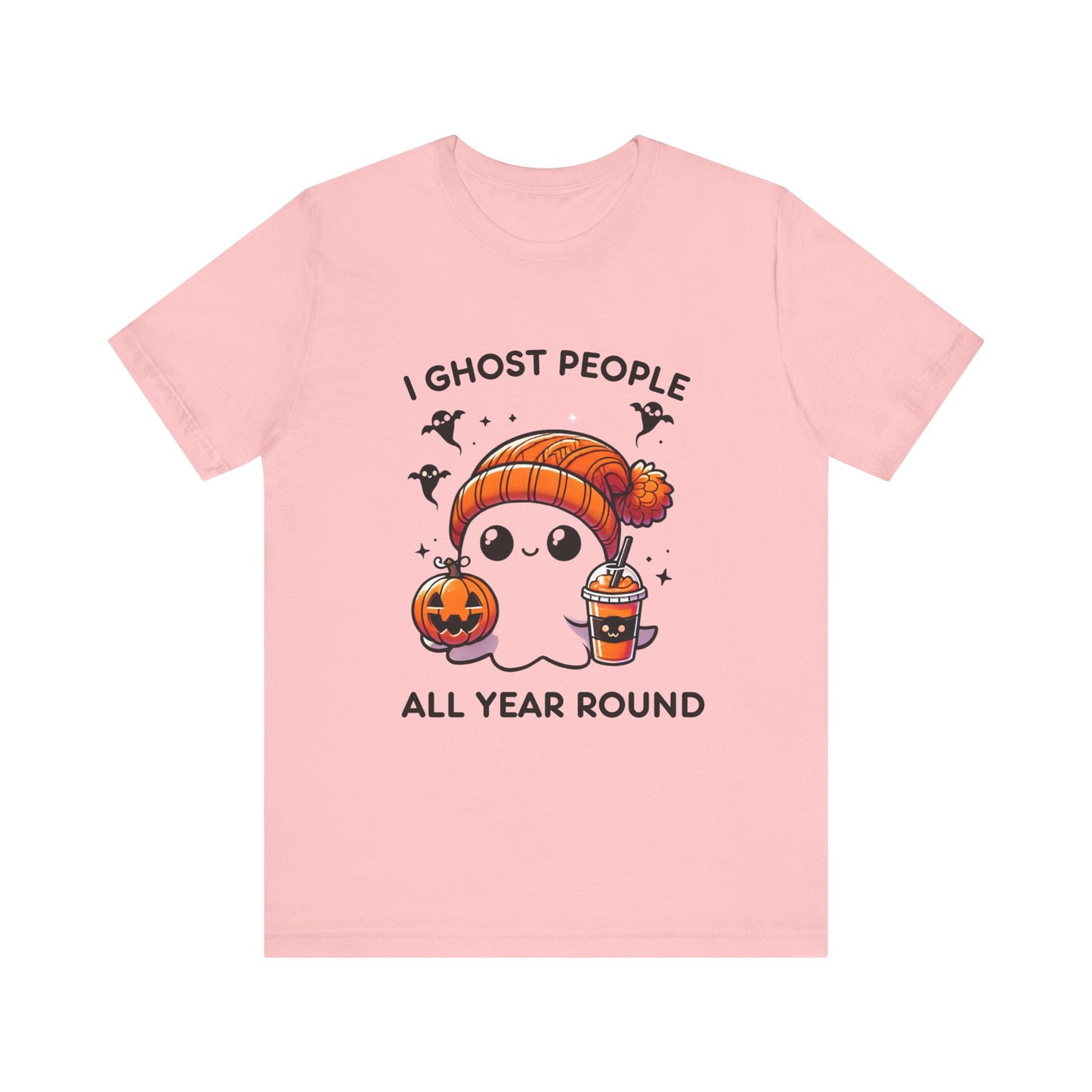 Cute Halloween Ghost T-Shirt with Orange Beanie and Pumpkin - Adorable Cartoon Design