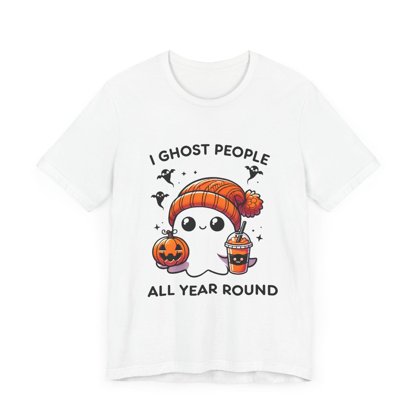 Cute Halloween Ghost T-Shirt with Orange Beanie and Pumpkin - Adorable Cartoon Design