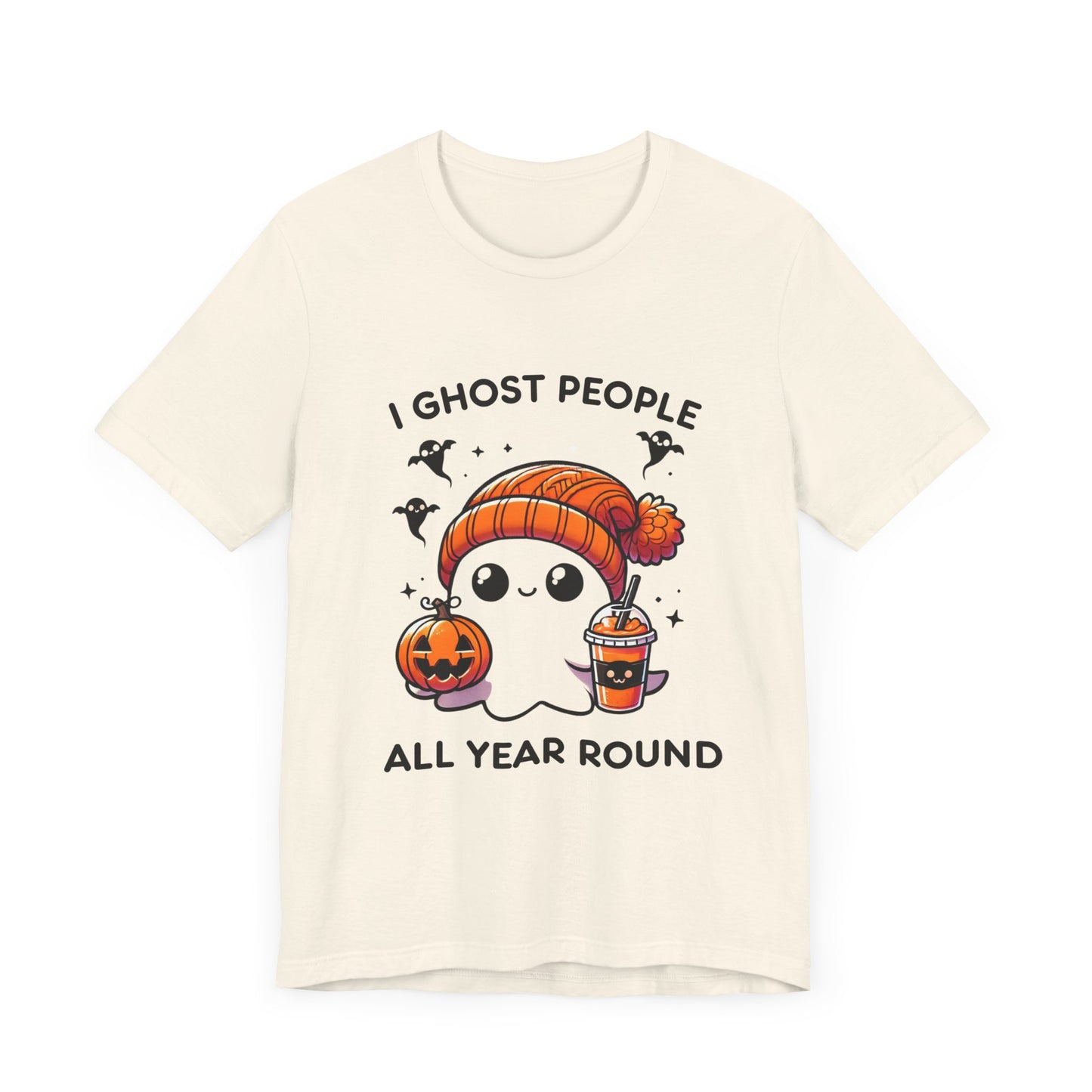 Cute Halloween Ghost T-Shirt with Orange Beanie and Pumpkin - Adorable Cartoon Design