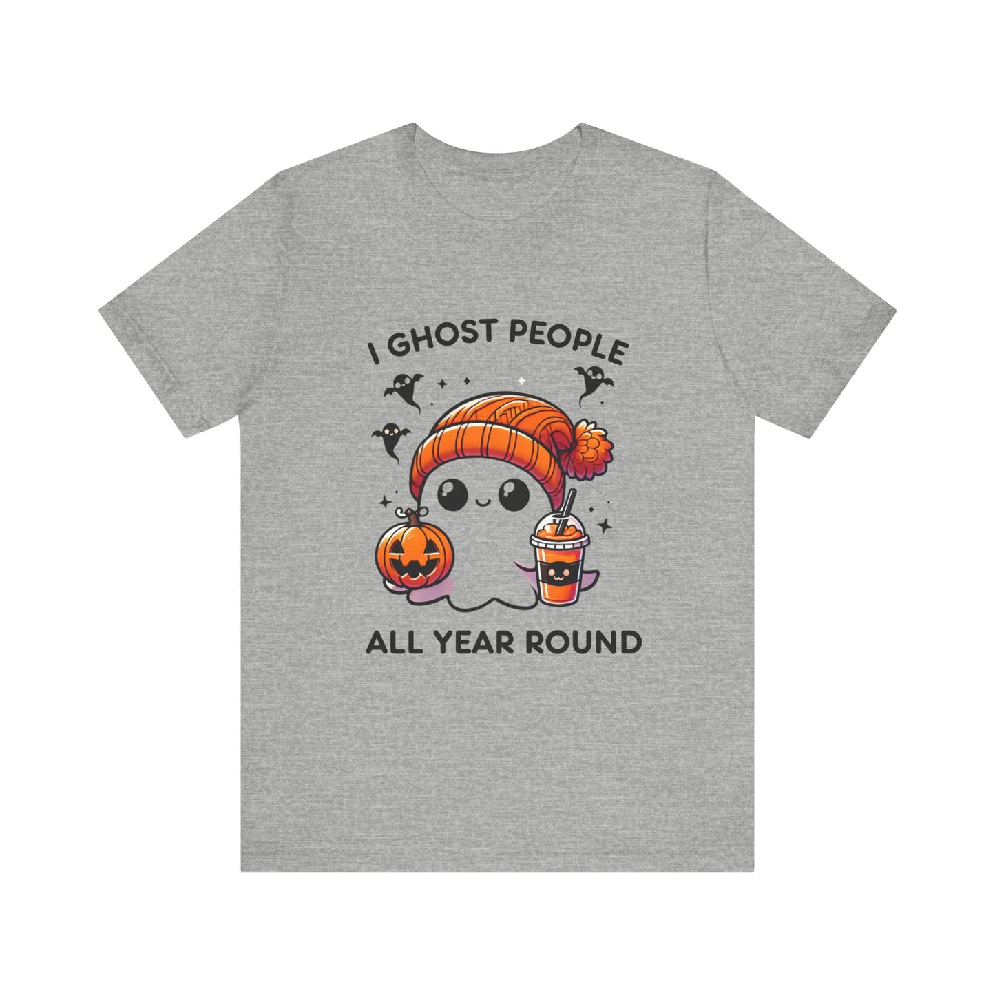 Cute Halloween Ghost T-Shirt with Orange Beanie and Pumpkin - Adorable Cartoon Design