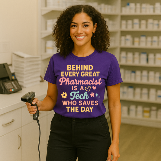 Behind Every Great Pharmacist Is a Tech Who Saves the Day Shirt | Cute Pharmacy Tech T-Shirt | Rx Team Gift | Medical Hero Appreciation Tee